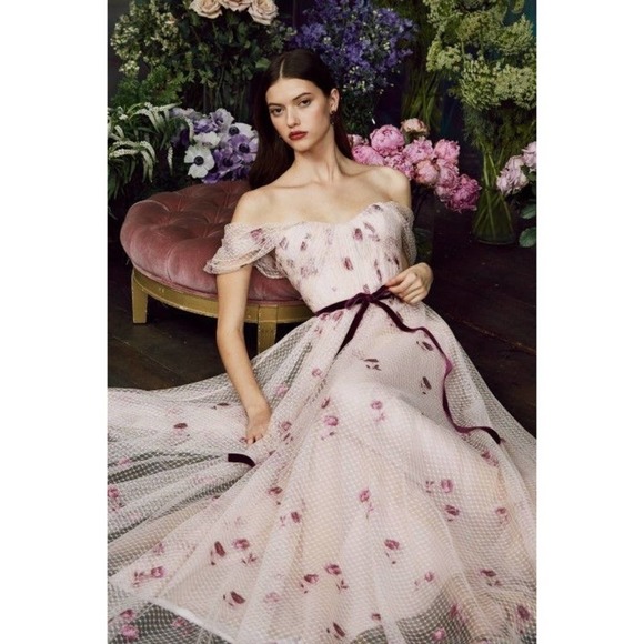 Marchesa Dresses & Skirts - MARCHESA Draped Bodice Off The Shoulder Netted Tulle Gown Embroidered Cream 2